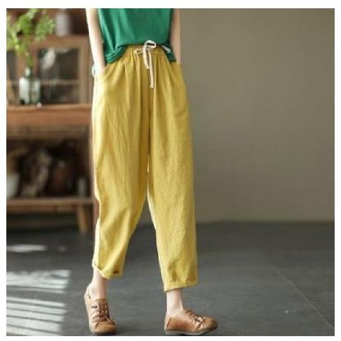 Autumn Cotton Linen Pants Women Loose Classic White Mid Waisted for Solid Calf-length Pink Pencil Trousers 220325