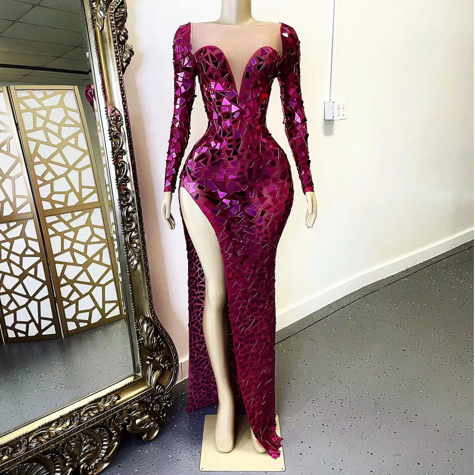Sparkly Sexy Mermaid Prom Dresses For Women Sequined Long Sleeve High Split Nightclub Stage Festival Outfit Evening Dress Vestidos De Gala