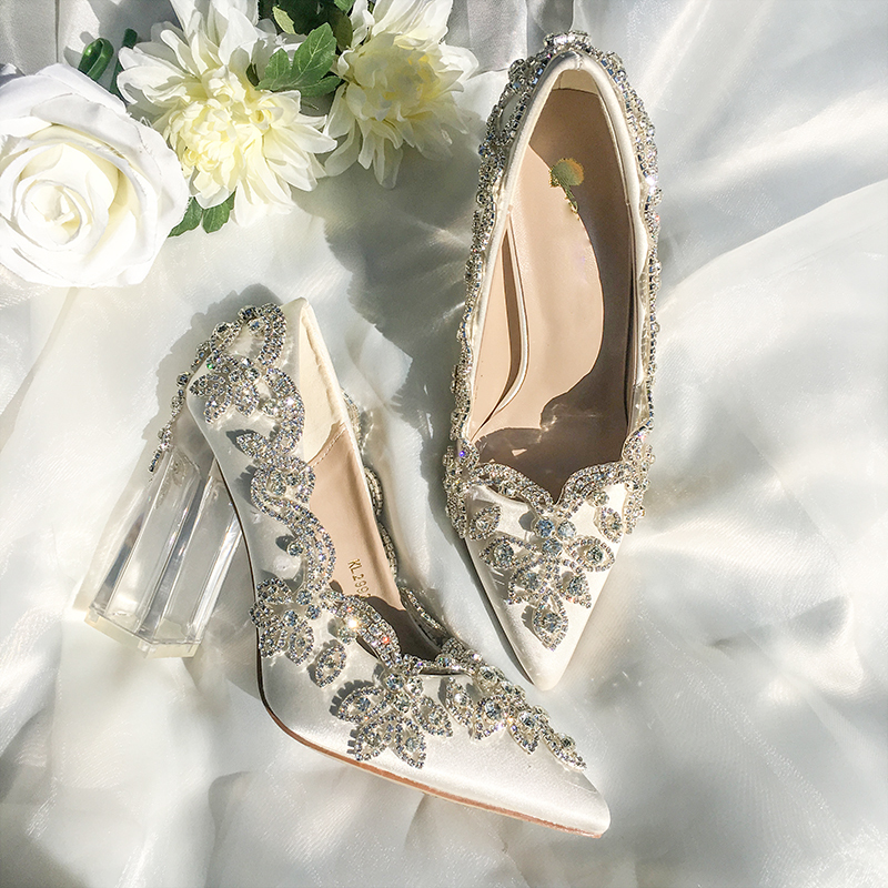 Wedding Shoes Bride Clear Heels Crystal Pumps Christmas Day Evening Party Luxury Queen Satin Silk 10cm Square Heel Plus Size 10 220328