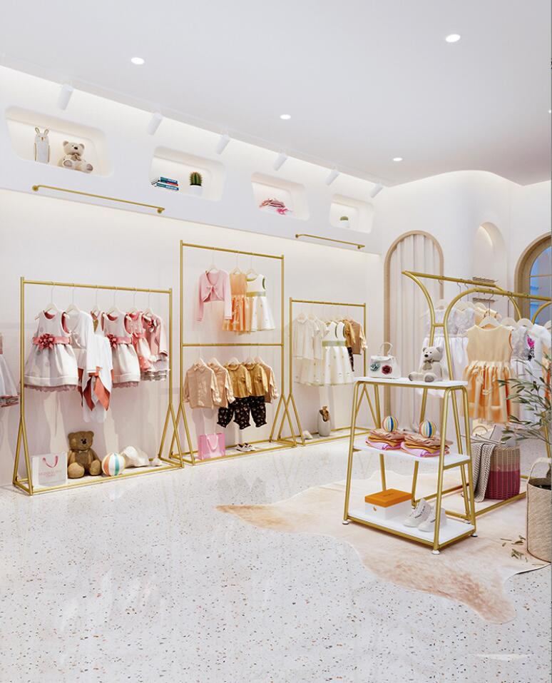 Children's clothing store display shelf Bedroom Furniture floor type golden shelfs baby clothes hanger clothing shop racks kids cloth rack