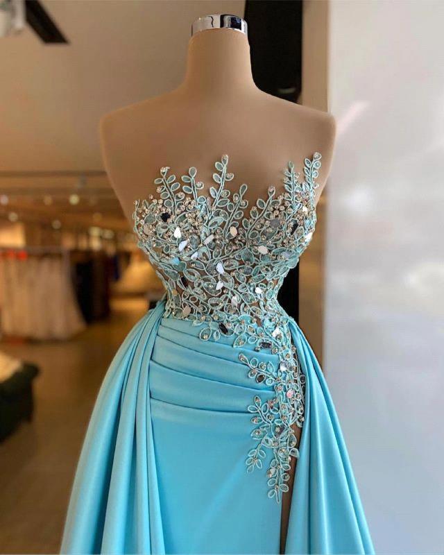 2022 illusion sleeveless Evening Dresses Ruched Side Split Lace Beaded Formal Prom Party Gowns Elegant vestido de novia BC13182 B0520D3