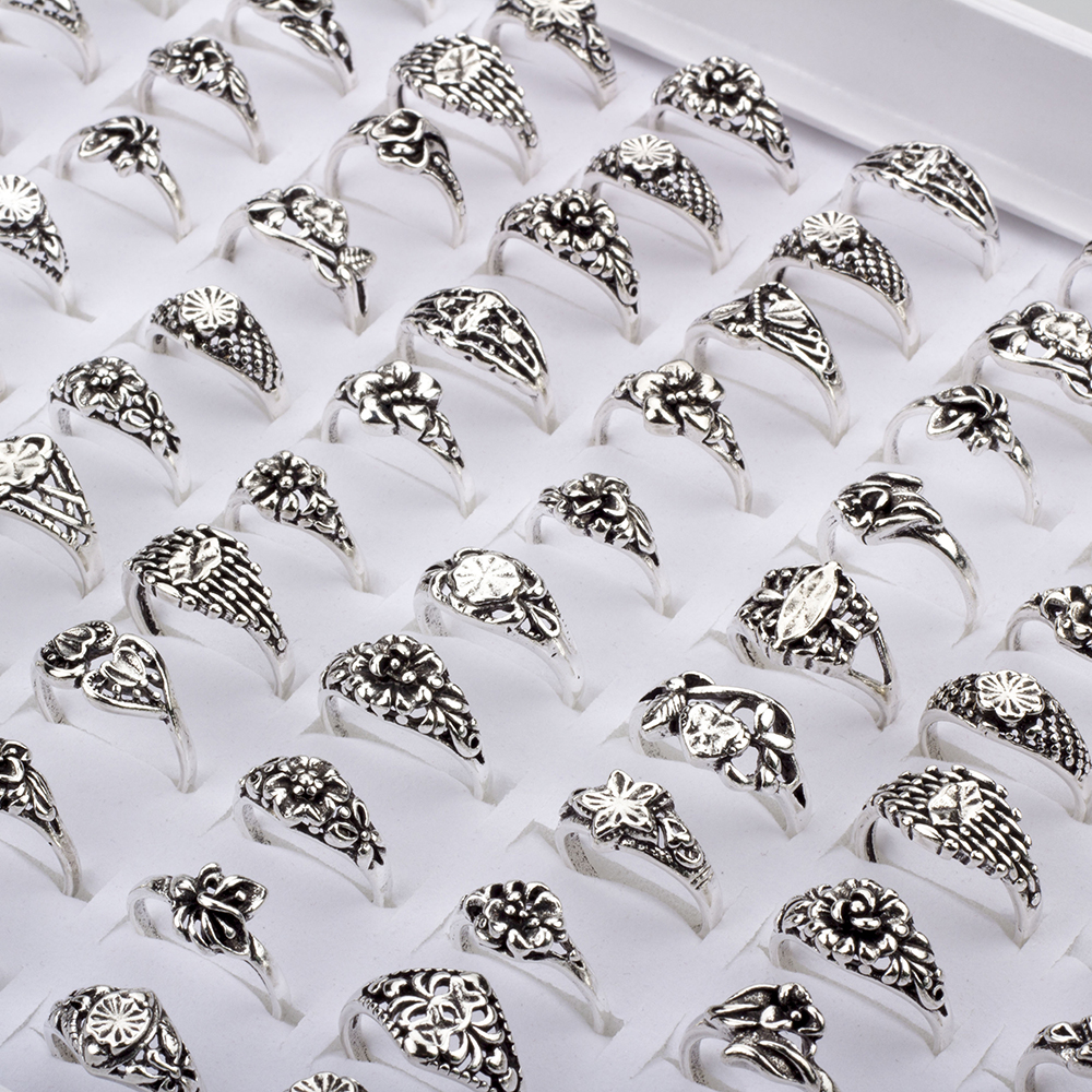 100Pcs Mix style Flower Elegant Alloy Band Rings Vintage Rings for women Jewelry Whole lots