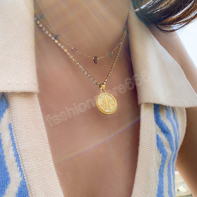 Romantic Layered Necklace Natural Stone Fine Chain Necklace for Women Fashion Rhinestone Metal Disc Text Necklaces