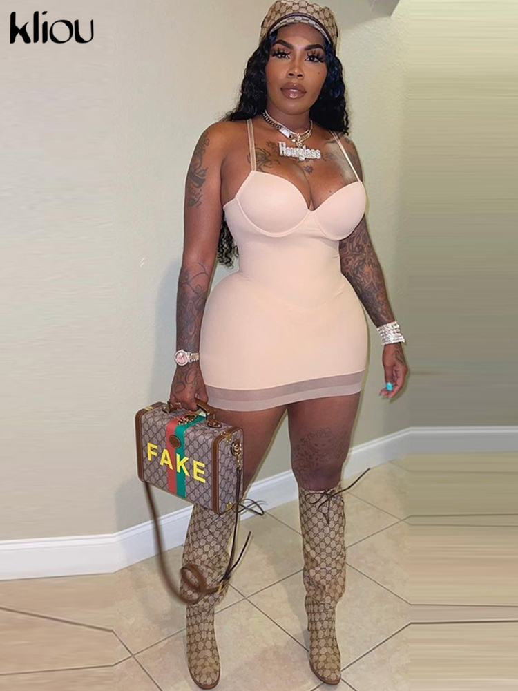 Kliou Body-Shaping Mini Dres Patchwork Mesh Strapless Solid Camisole Skirt Sexy Cleavage Sleeveless Club Female Wear 220414