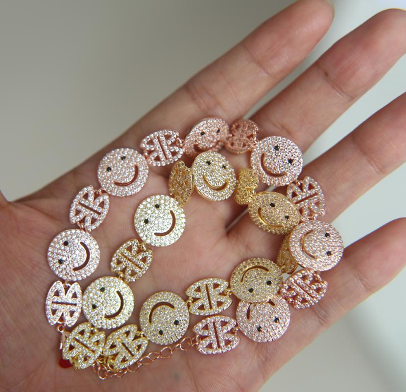 Charm Bracelets Brand Woman 2022 Sparking Micro Pave Clear Zirconia Happy Face Link Chain Unique Stylish BraceletCharm