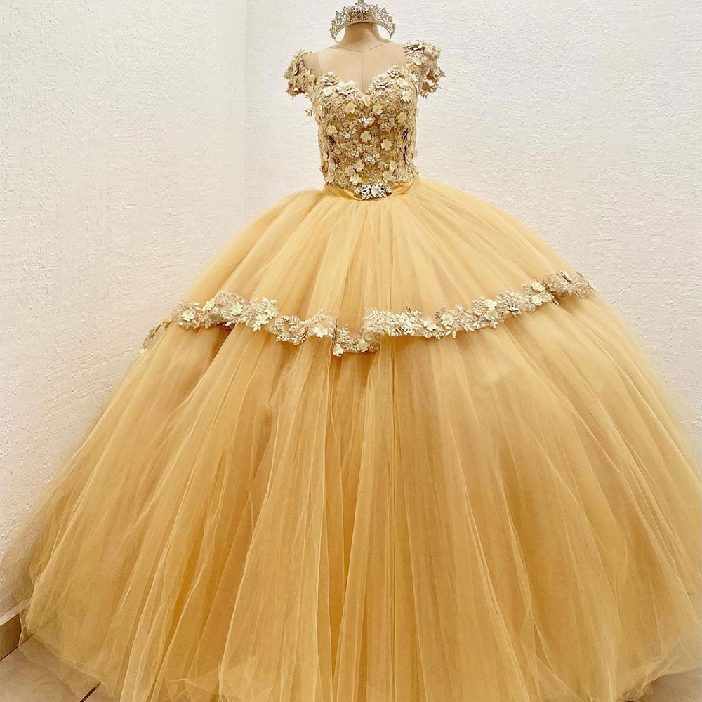 Yellow Gold Ball Gown Prom Dresses Sexy V Neck Lace Ruffles Sequins High Waist Cap Sleeve Appliques Elegant Sweep Train Evening Formal Dresses Girls G