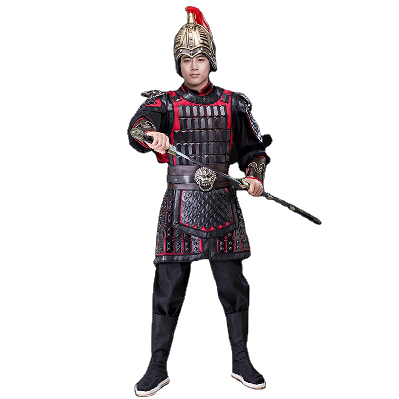 Chinese Ethnic Clothing ancient Armour Leather Copper Dragon general Helmet Armor Corselet Mu Lan Outfit Han Tang Song Ming Dynasty Army Clothes