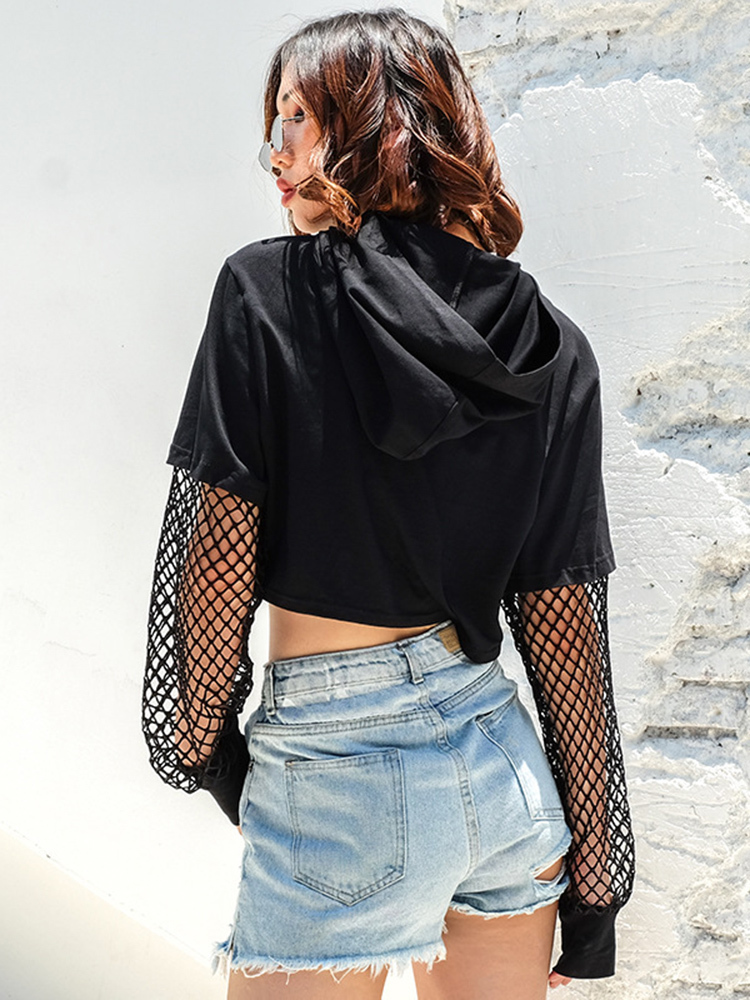 Black Cropped Sweatshirt Long Sleeve Top Women Hoodies Hooded Streetwear Kpop Harajuku Hoodie Crop Tops Mesh Hoody Clothes 220324