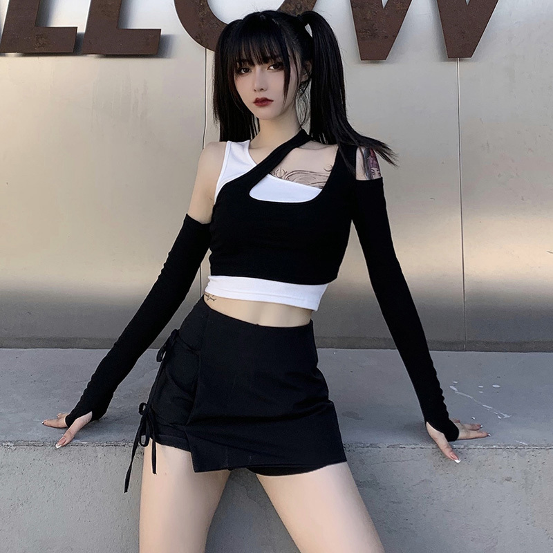Yedinas Punk Fashion Black White Patchwork Tops Long Sleeve Crop Female Harajuku Grunge Off Shoulder Bodycon Autumn 220328