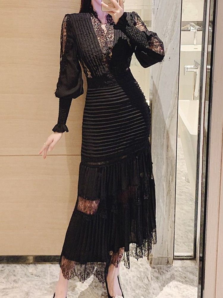 High Quality Self Portrait Dress Women Sexy V neck Lantern Sleeve Long Sleeved Cake es Chic Lace Summer 220622