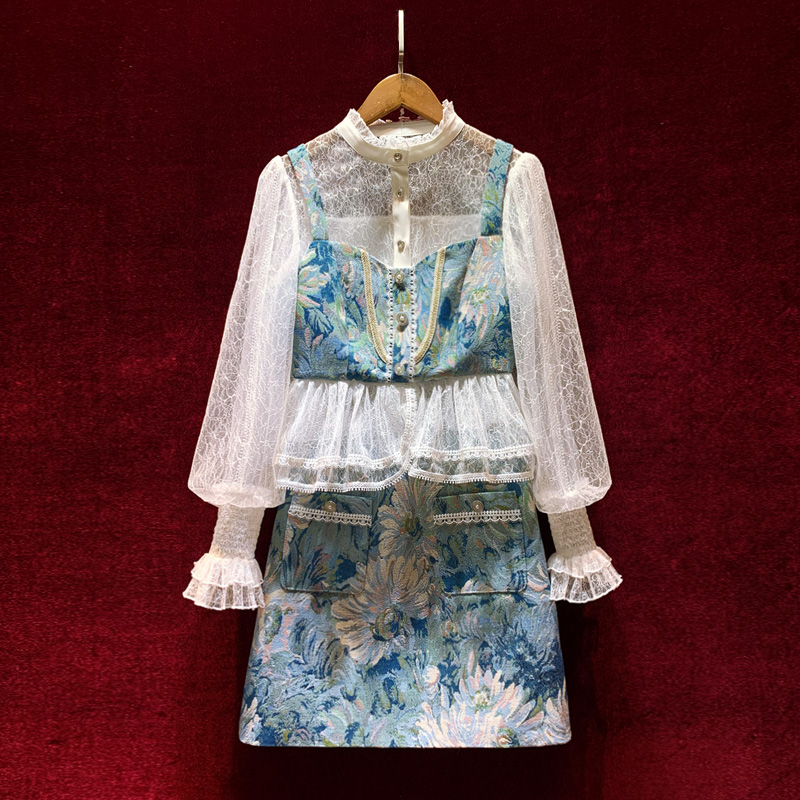 European and American women's wear spring 2022 new Long sleeve lantern sleeve lace shirt Jacquard skirt Fashion suits, Blue
European and American women's wear spring 2022 new Long sleeve lantern sleeve lace shirt Jacquard skirt Fashion suits, Blue