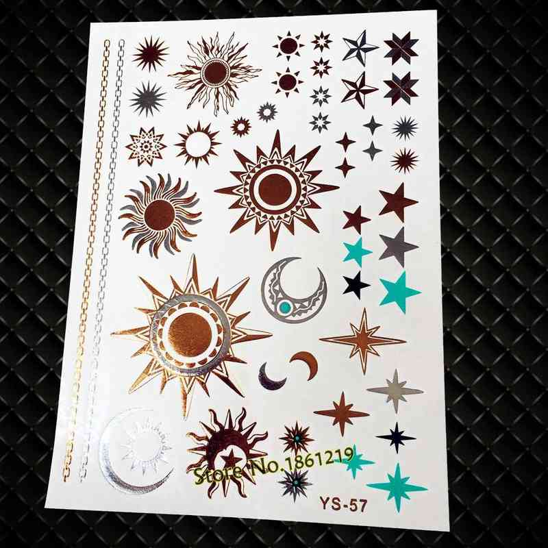 NXY Temporary Tattoo Gold Sun Silver Moon Stickers Women Kids Body Art Star Feather Golden Metallic Water Transfer Flash Tatoo Child 0330