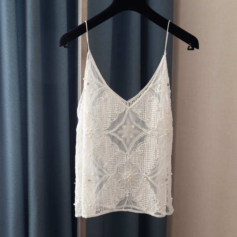 Sexy Hollow Out Women Lace Camis Bead Work plus size Tanks Tops Bling Gold Sequins 220325