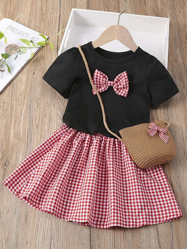 Toddler Girls Gingham Bow Front Puff Sleeve Tee & Skirt SHE