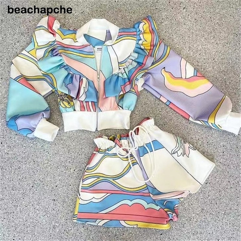 Beachapche Women Set Long Sleeve Single Jacket And Short Elegant Print Two-piece 220509