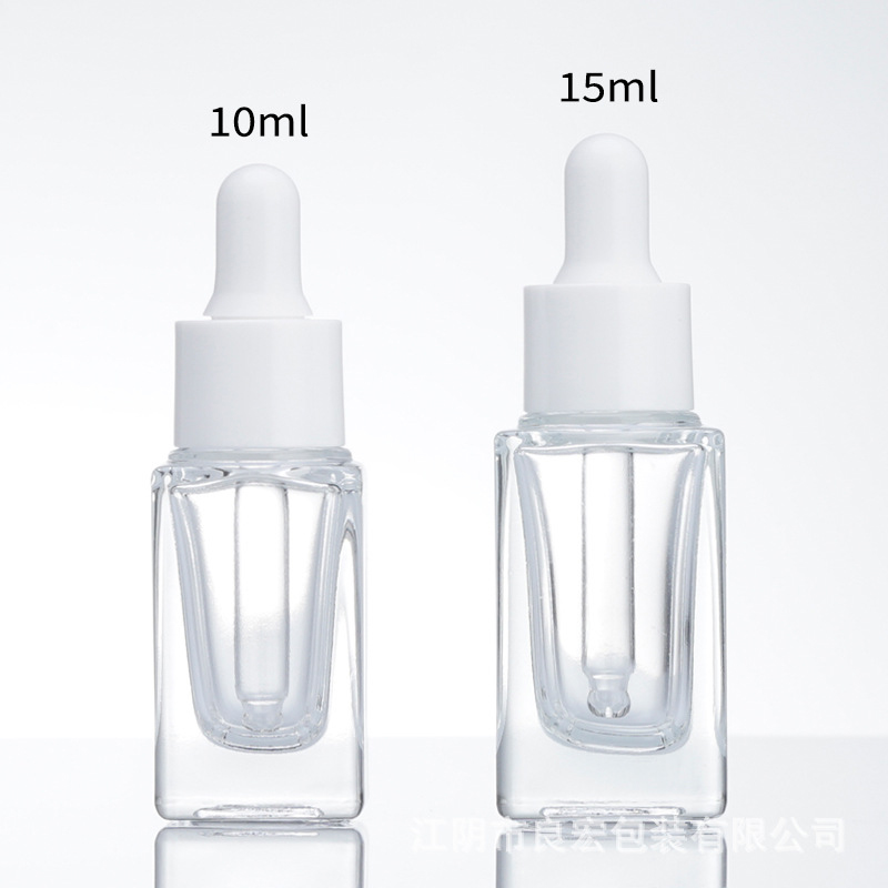 Clear Square Glass Dropper Bottle Essential Oil Perfume Bottle 15ml with White/Black/Gold/Silver Cap
