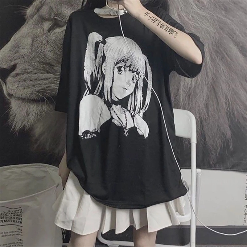 QWEEK Manga Anime Print T-shirts for Women Japanese Style Black Oversized Graphic T-shirt Mall Goth Tops Dark Academia 220321, Black2 
QWEEK Manga Anime Print T-shirts for Women Japanese Style Black Oversized Graphic T-shirt Mall Goth Tops Dark Academia 220321, Black2