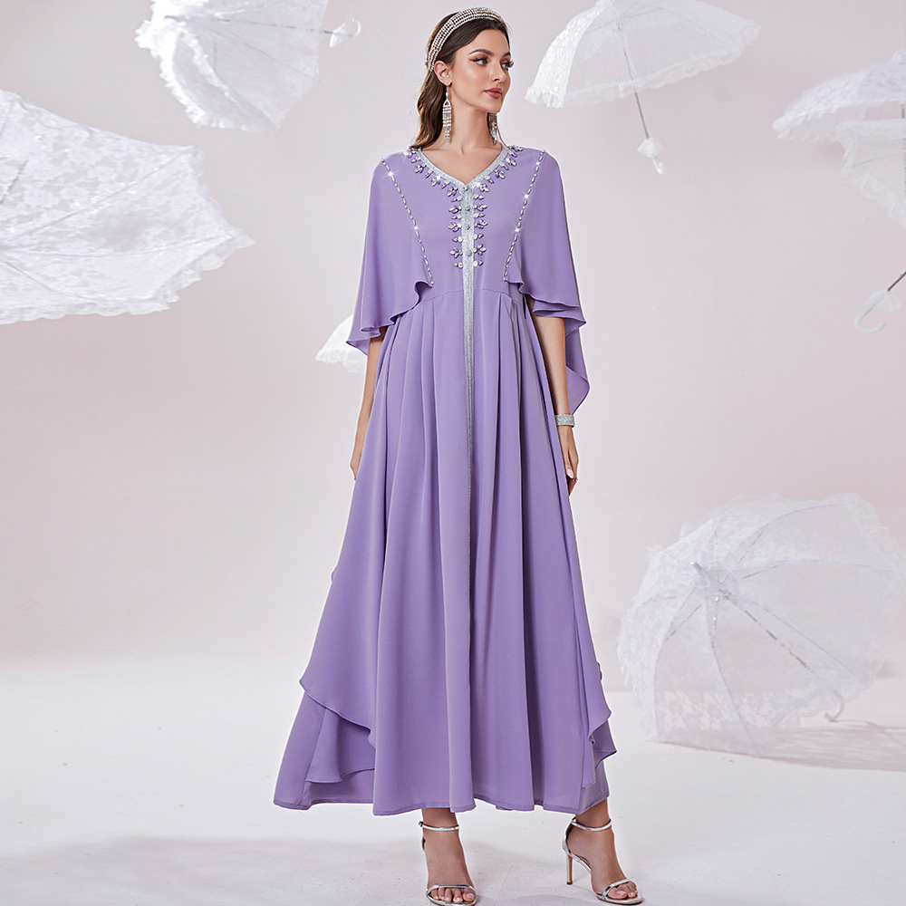 Muslim Lilac Caftan Marocain Evening Dress 2022 With Caped Sleeves Sexy V Neck Abaya Dubai Prom Dresses Elegant Formal Party Vestidos De Robe Midi Abi