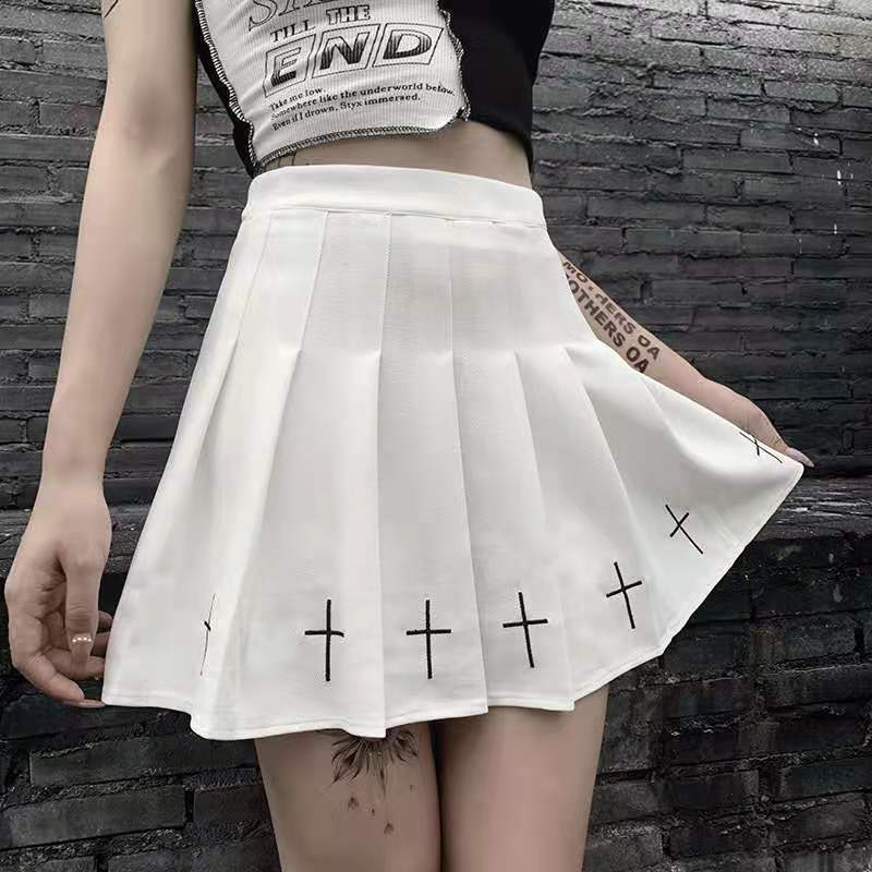High Waist Mini Black Skirts Gothic Streetwear Cross Print Pleated Women Casual College Lolita Harajuku Skirt 220317