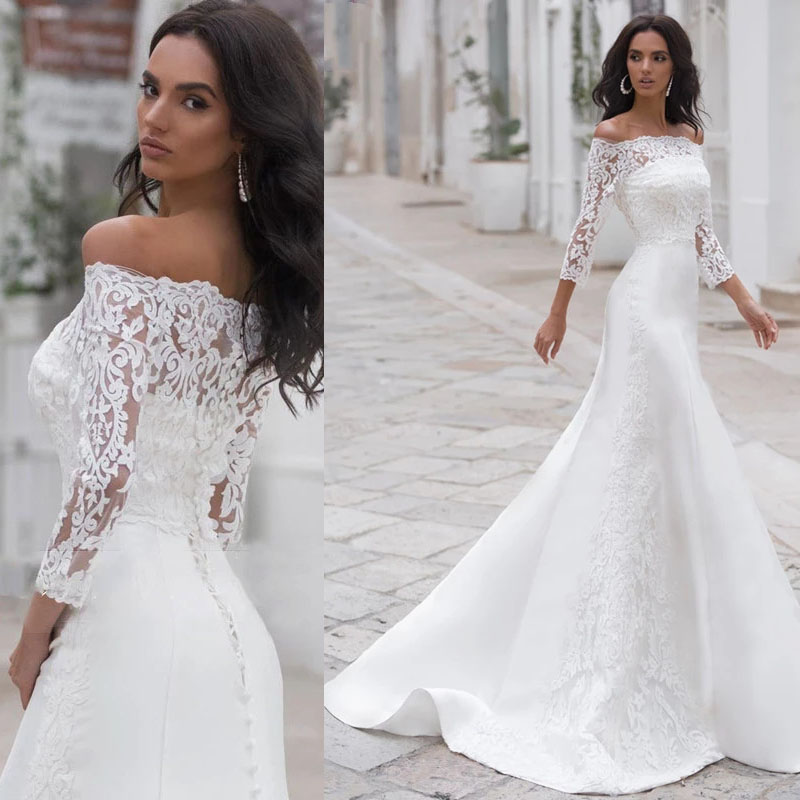 Modern Lace 3/4 Sleeve Wedding Dress 2022 Sexy Boat Neck Mermaid Appliques Bridal Gown Off Shoulder Newest, Ivory
Modern Lace 3/4 Sleeve Wedding Dress 2022 Sexy Boat Neck Mermaid Appliques Bridal Gown Off Shoulder Newest, Ivory