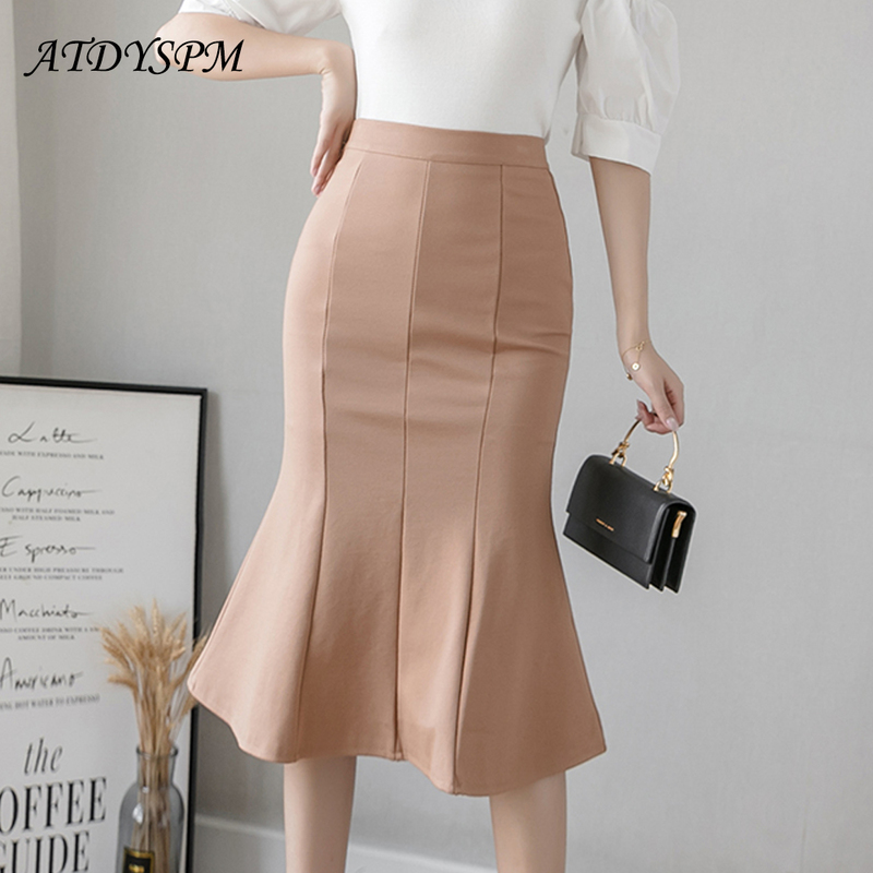 Women High Waist Midi Skirts Plus Size Ruffles Black Khaki Beige Office OL Skirt Fashion Package Hip Mermaid Womens 220322