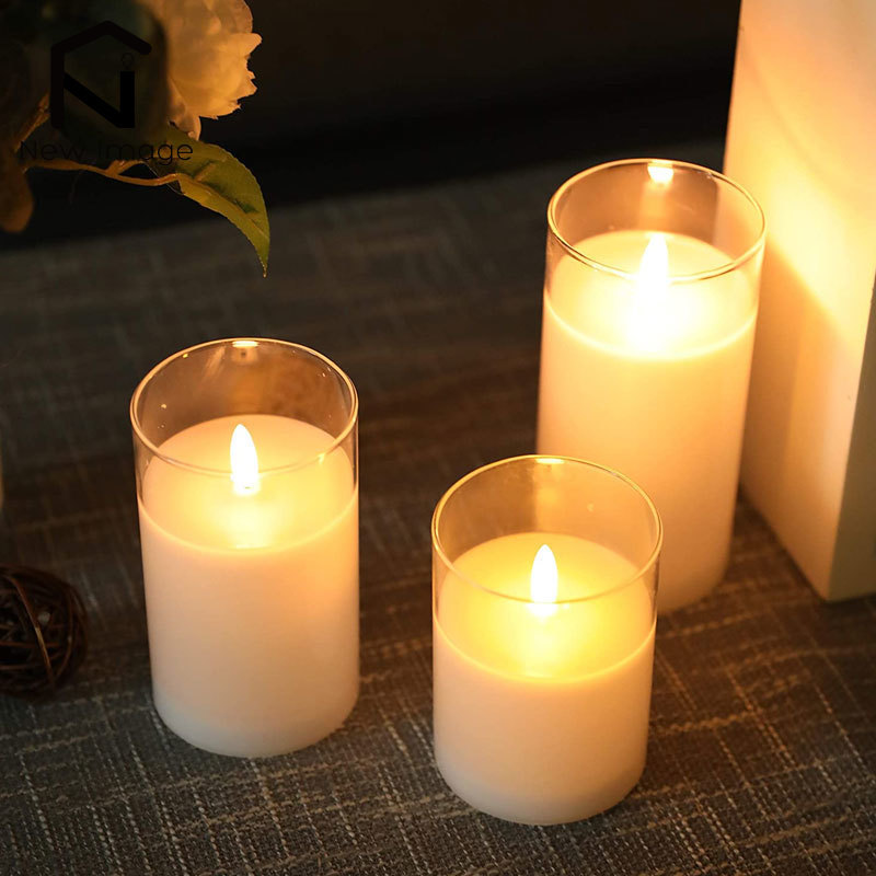 3pcs glass wax flameless candles 3d effect led candles white wax battery candles with 8key remote control home decor