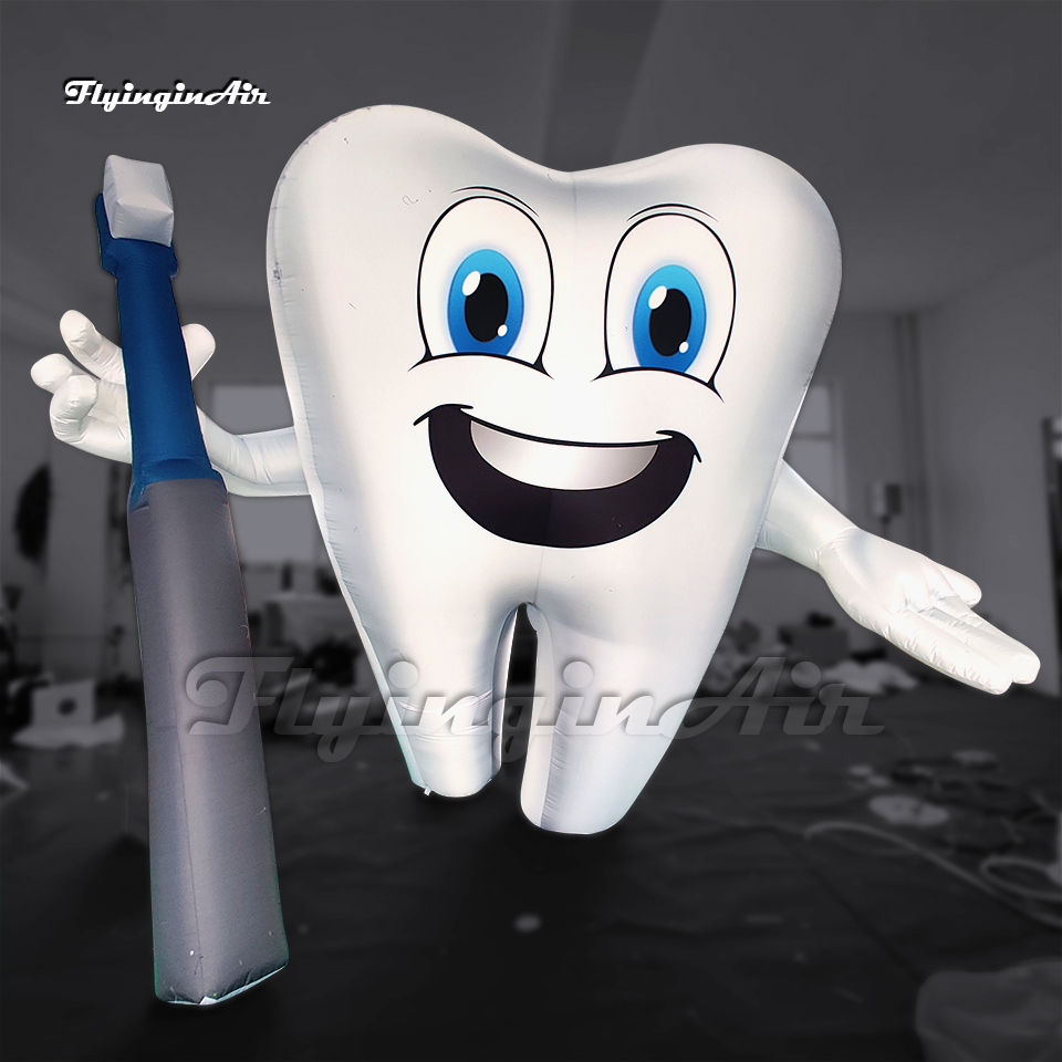 Personalized White Inflatable Tooth Model 2m/3m Advertising Cartoon Figure Balloon Air Blow Up Tooth Man Holding A Toothbrush For Dental Clinic