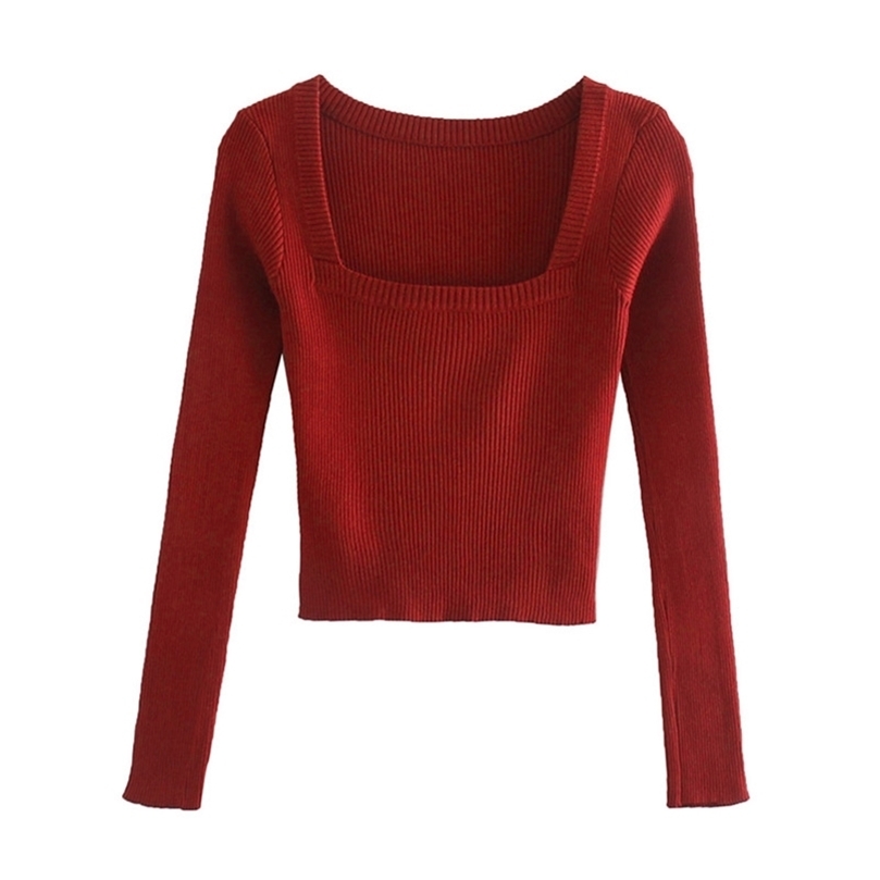 BLSQR Vintage Square Neck Women Sweater Red Long Sleeve Female knitted sweater Elasticity ladies pullover jumper 201222