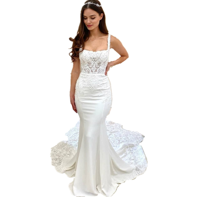 Bohemian Ivory Straps Mermaid Wedding Dress For Women Square Collar Lace Appliques Satin Bride Dresses Robe De Mariee Lace Long Tail Beach Bridal Gown