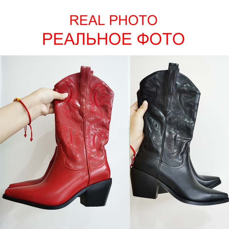 BONJOMARISA Female Fashion Vintage Cowboy Cowgirls Western Boots Chunky Casual Solid Embroidery Slip On Autunn Retro Shoes Woman 220810