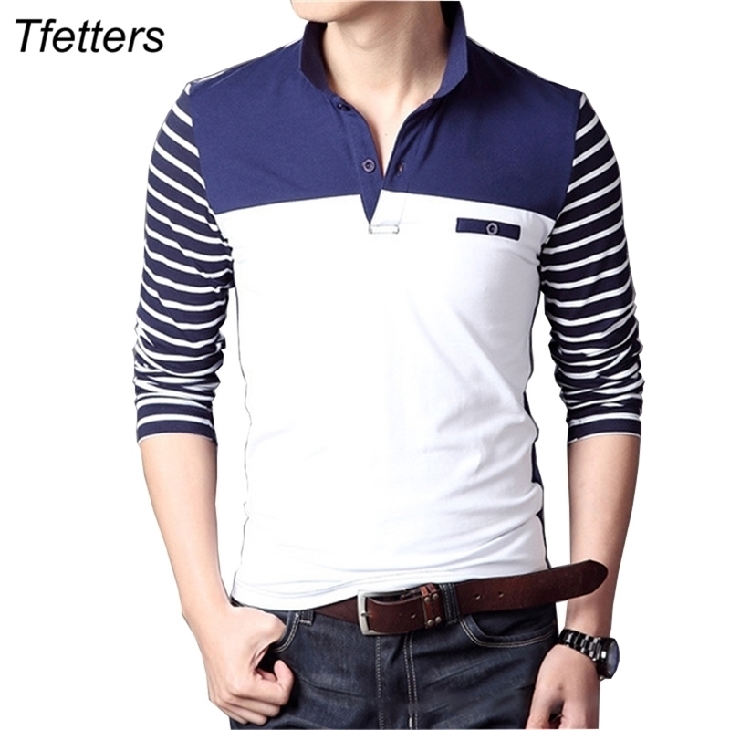 TFETTERS Spring Autumn Casual Men Long Sleeve Tshirt Cotton Elastic Slim Fit Dress T Shirt Men VNeck Stripe Men Tops & Tees 201116
