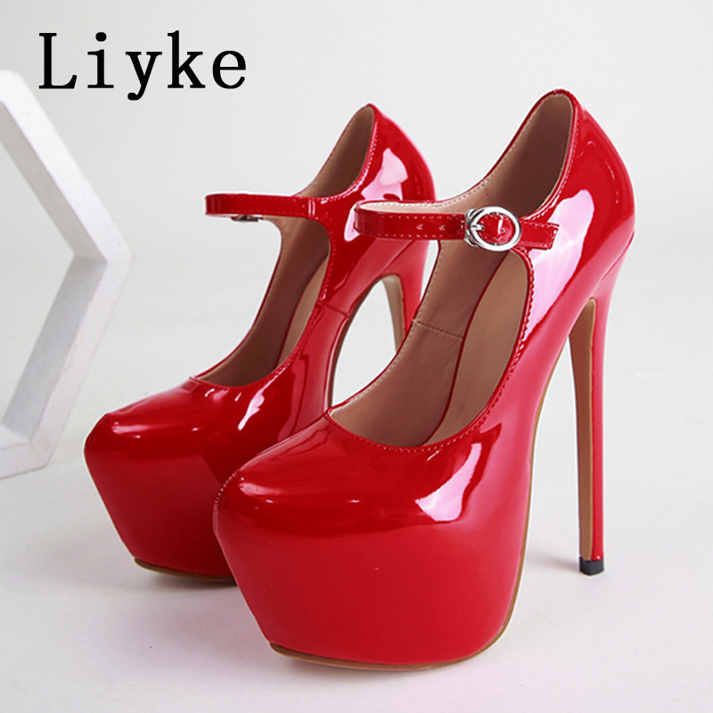 Liyke Spring Autumn Women Platform Pumps Black Round Toe Buckle Strap 17CM Super High Heels Pole Dance Shoes Stiletto Mujer 220328