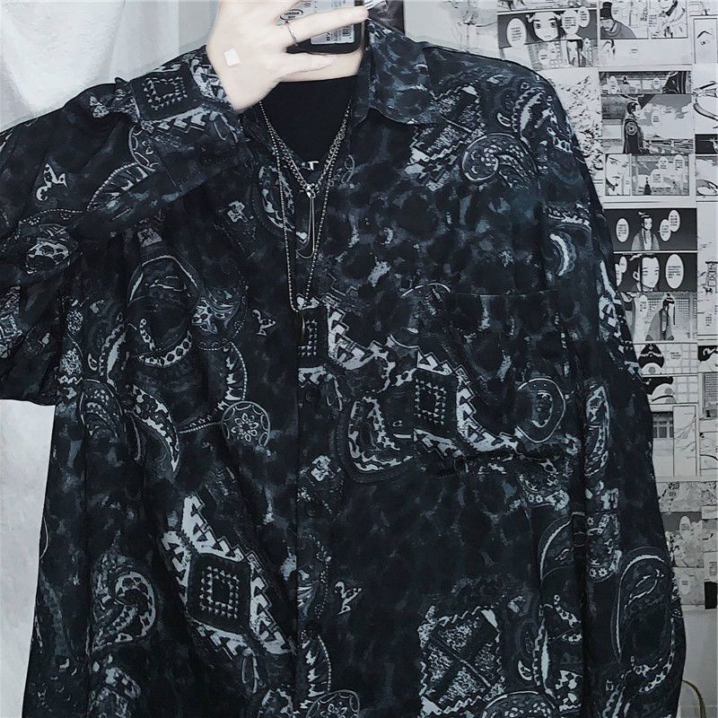 spring autumn long-sleeved shirt Korean vintage Hong Kong style dark abstinence cashew flower print loose jacket men women 220330