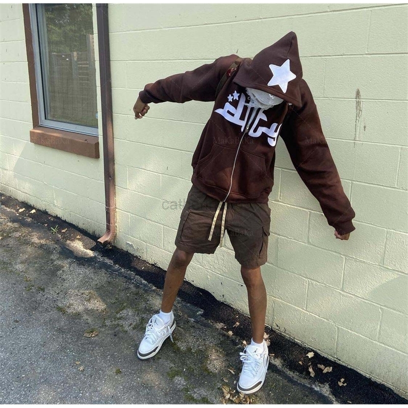 Rhinestone Gothic Punk Star Long Sleeve Zip Hoodie Harajuku Hip Hop Streetwear Grunge Fashion Punk Sports Jacket Y2k Jacket Men G22