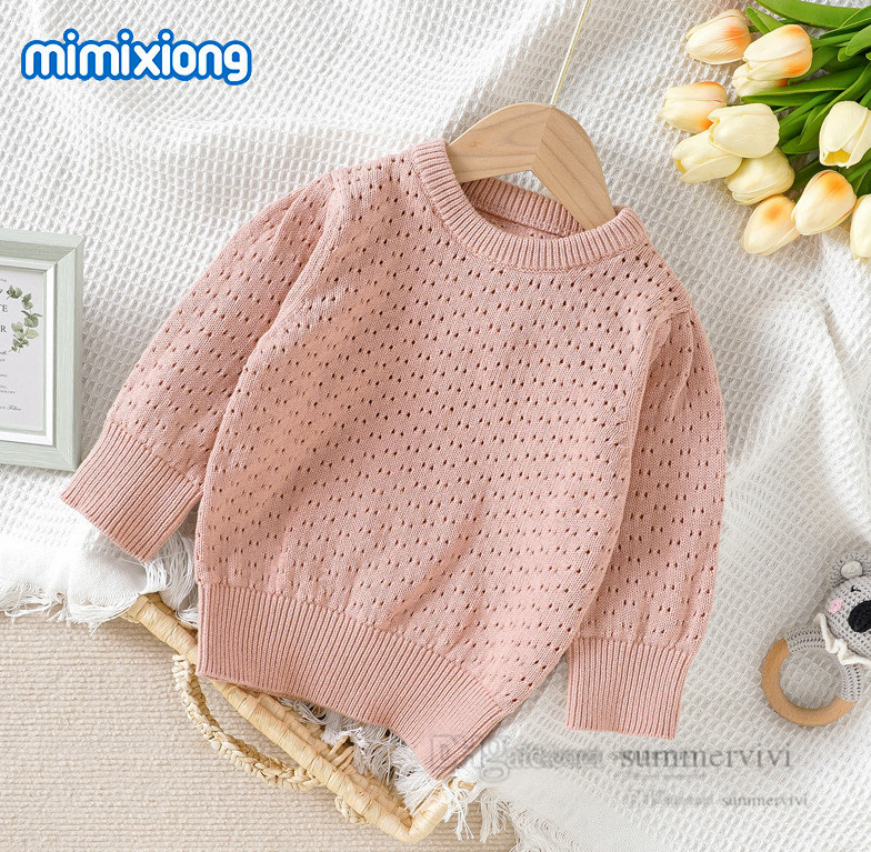 

INS little girls hollow knitted sweater pullover kids round collar long sleeve jumper 2022 autumn children all-matching clothes Q8094, Brown