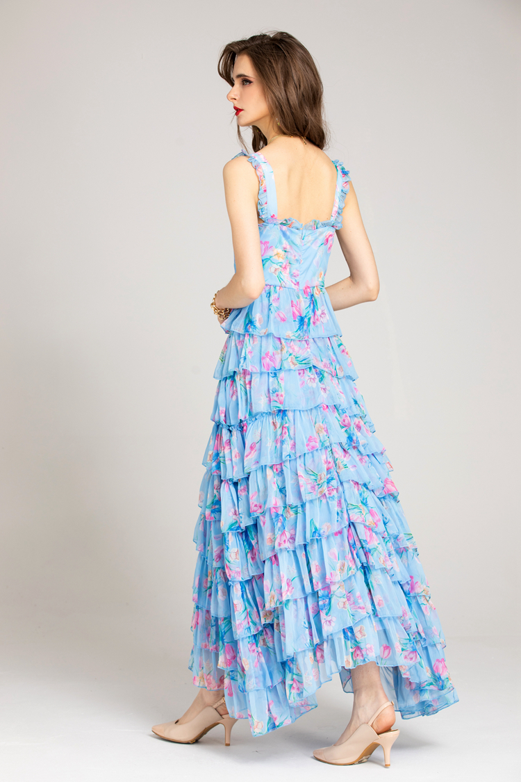 Women's Runway Dresses Spaghetti Straps Printed Tiered Ruffles Fashion Maxi Casual Party Prom Gown