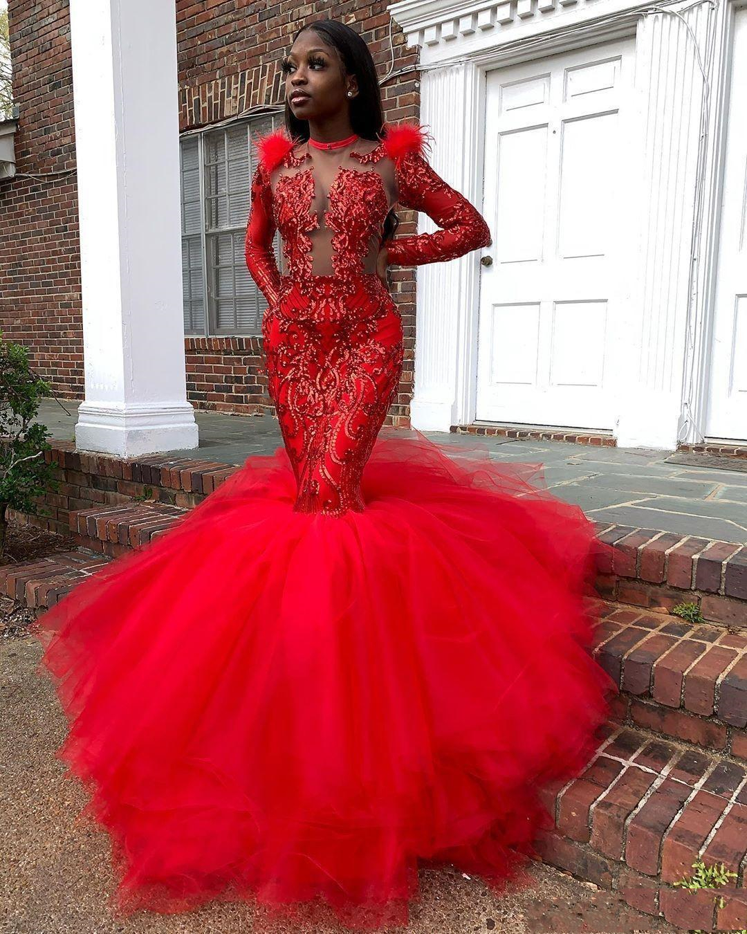 Sparkly Red Sequined Long Sleeve Prom Dresses Feather Mermaid Pageant Special Occasion Dress for African Black Girls Jewel Neck Sexy Illusion Formal E