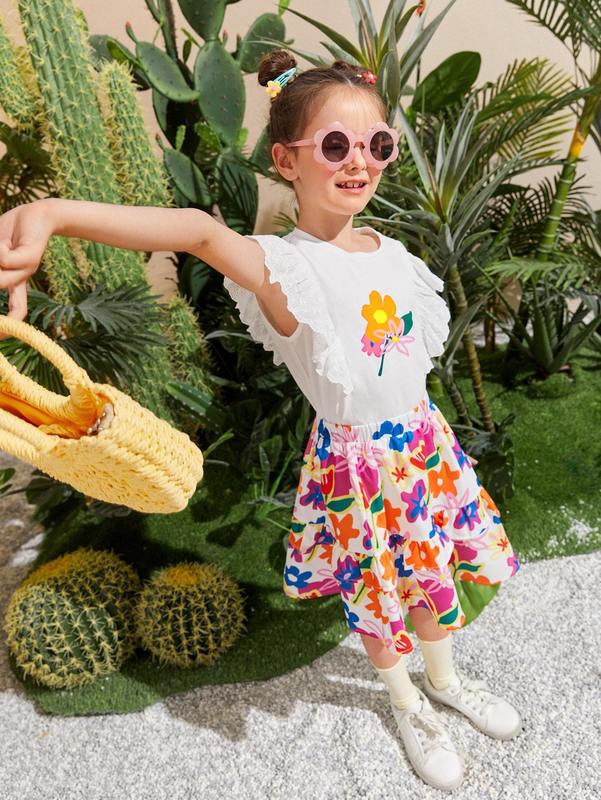 Girls Ruffle Trim Floral Print Top & Layered Skirt SHE