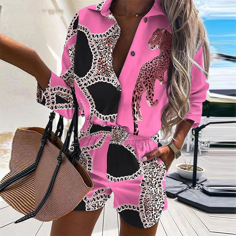 Women Leopard Print Two Piece Sets Summer Autumn Turn Down Collar Shirt Top Short Pant Suit Lady Casual Long Sleeve Outfit 220315