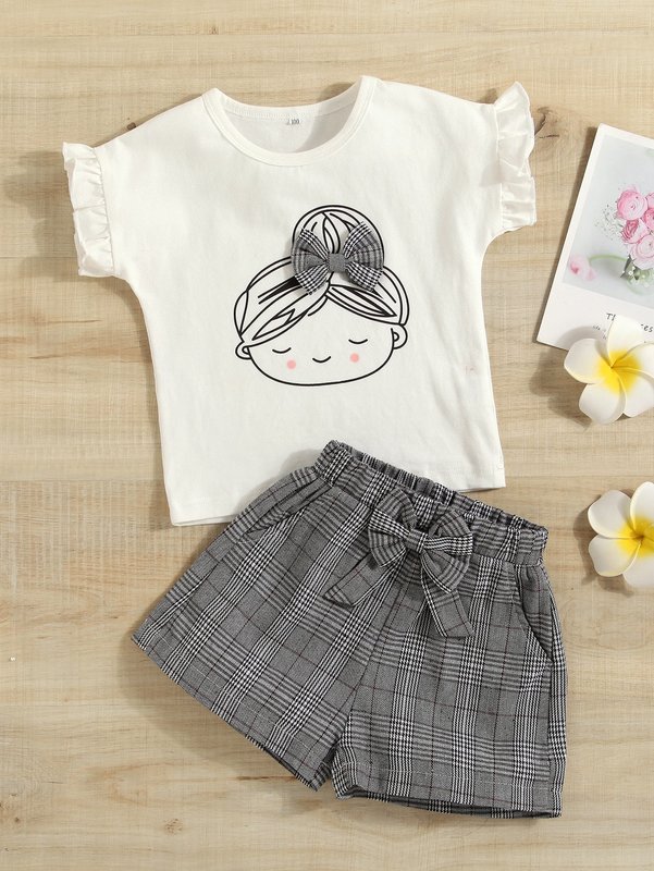 Toddler Girls Figure Graphic Ruffle Sleeve Tee & Plaid Bow Shorts SHE