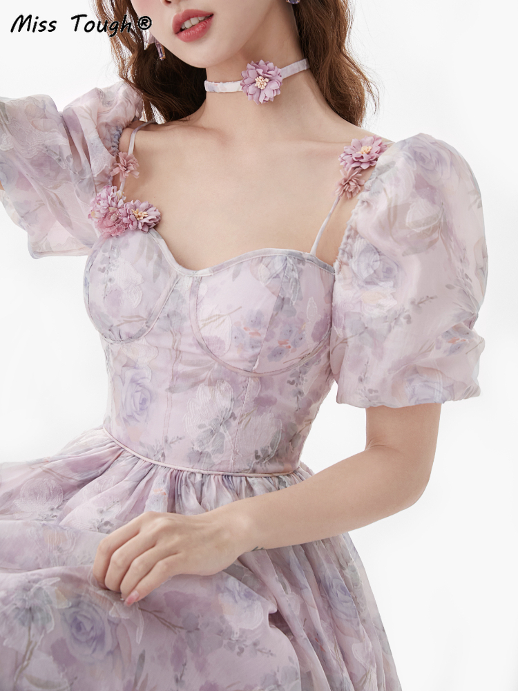 Floral Sweet France Vintage Dres Print Casual Elegant Evening Party Midi Dress Chiffon Korea Boho Beach Dress Summer 220516