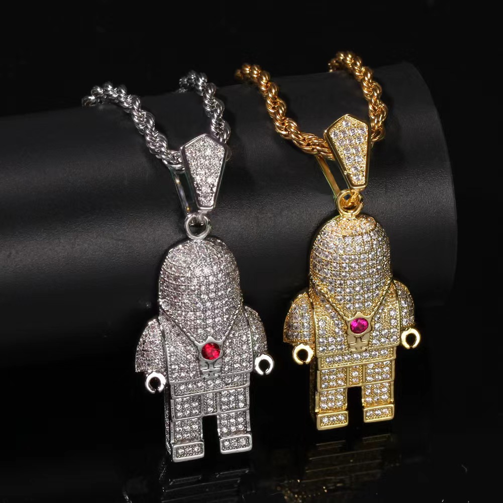 Personality Men Jewlery Yellow Gold Plated Full CZ Astronout Pendant Necklace for Men Women Fashion Hip Hop Jewelry