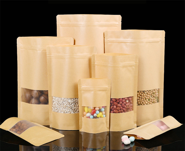 100pcs Thick Stand up Kraft Paper Frosted Window Zip Lock Bag Resealable Biscuits Ground Coffee Beans Snack Flower Tea Fruits NUts Gifts Storage Pouch