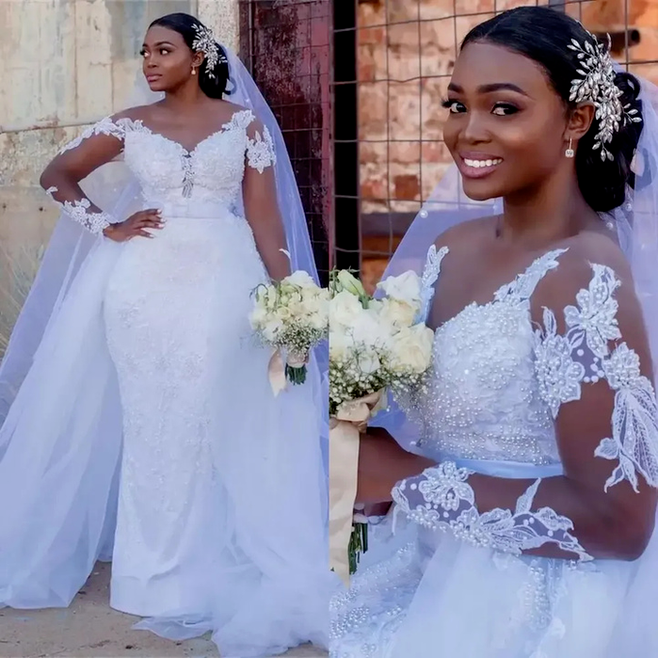 White Pearls Mermaid Wedding Dresses Long Sleeves Jewel Neck Illusion Overskirts Mermaid Bridal Gowns Lace African Marriage Dress 2022 B0415
White Pearls Mermaid Wedding Dresses Long Sleeves Jewel Neck Illusion Overskirts Mermaid Bridal Gowns Lace African Marriage Dress 2022 B0415