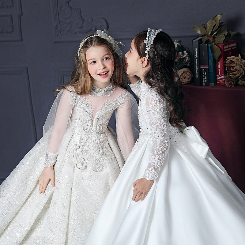 Adorable White Ball Gown Flower Girl Dresses Princess Sheer Lace Long Sleeves Appliques Jewel Neck Toddler Birthday Party Gowns 403