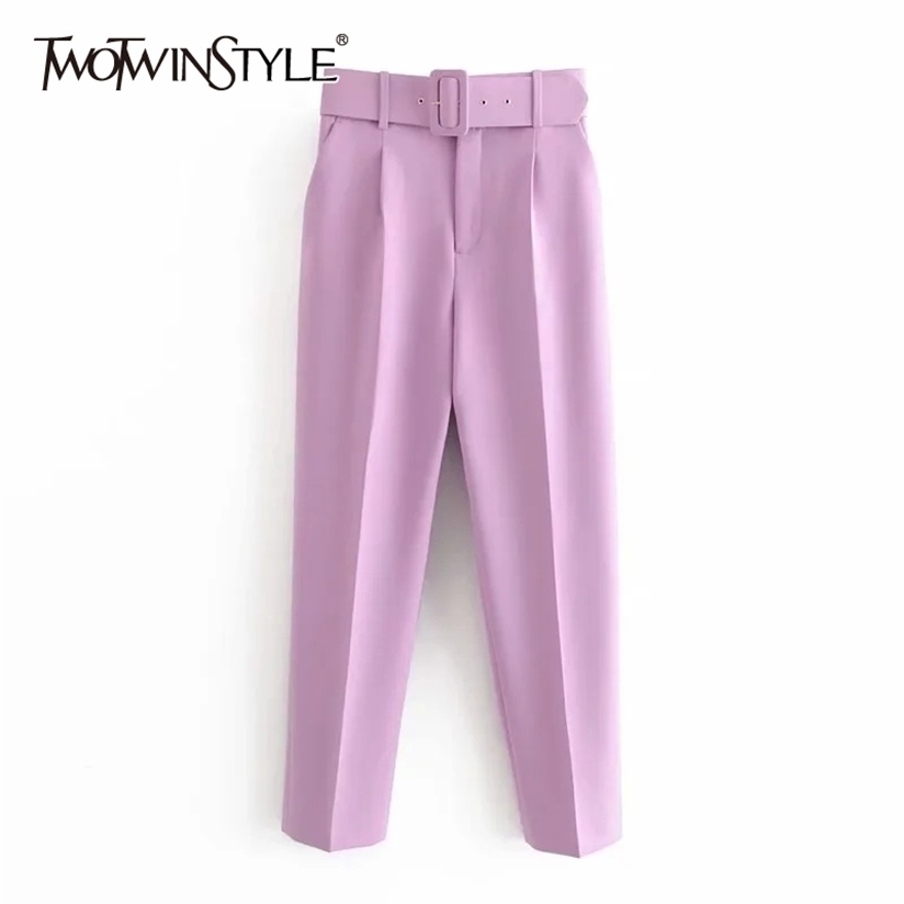 TWOTYLE Casual Solid Color Pants For Women High Waist Belt Straight Long Female Spring Womens Clothing 220325