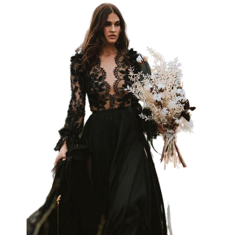 Gothic Black A Line Wedding Dress Sexy Illusion Inspiration Long Sleeve V-Neck Country Bridal Gowns Floral Lace Appliques Side Split Long Boho Beach B
