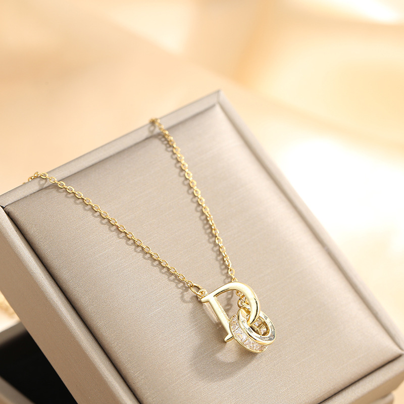 Elegant Women Gift Micro Pave DO Pendant Necklace Gold Plated Stainless Steel Jewelry