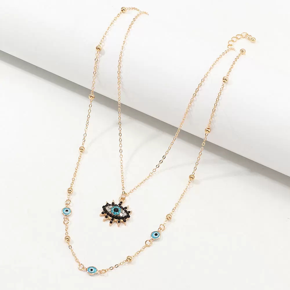 Vintage Boho Style Austrian Crystal Blue Evil Eye Pendent Necklace for Women 18K Gold Plated Double Layer Chain Good Luck Charm Necklaces Jewelry Gift