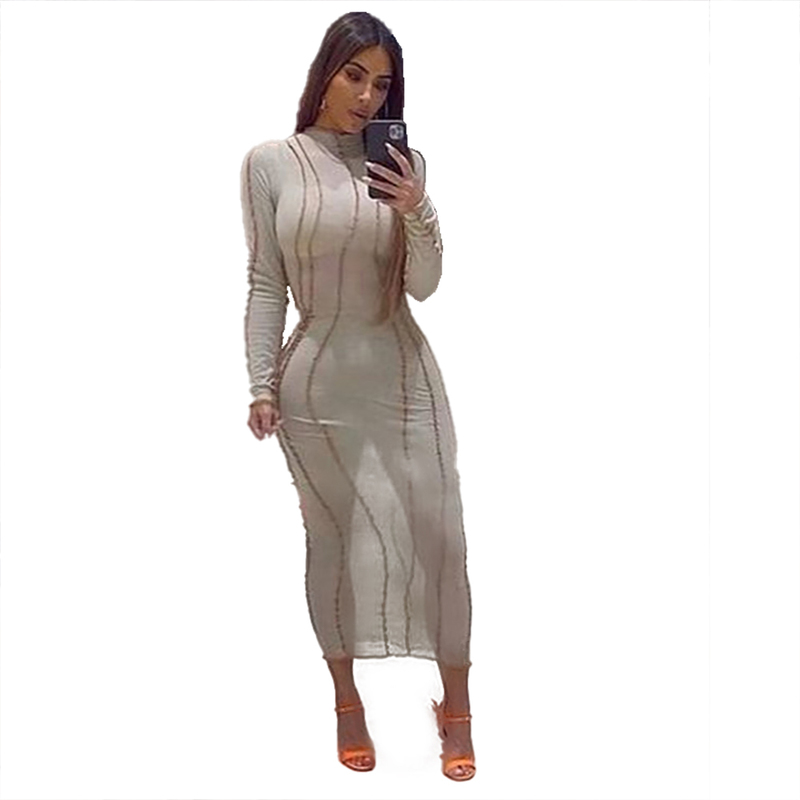 XLLAIS Elegant Stitching Stripes Translucent See Through Long Sleeve Round Neck Casual Maxi Dress For Women 220509